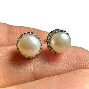 Pearl Stud Earrings 925 Sterling Silver 9mm Halo Faux Pearl Elegant Gift